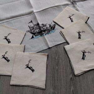 Vintage Linen Tablecloth & Napkins Set Black Cross Stitch Dragon Boat Pagoda